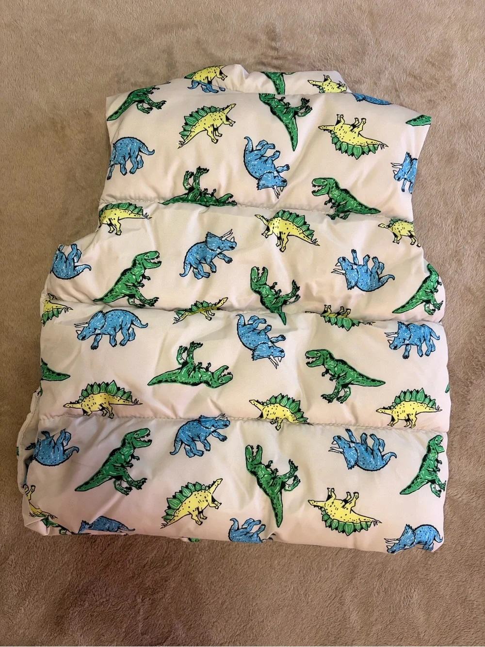 Old Navy White Kids Dino Puffer Vest with Green, Blue & Yellow Dinosaurs